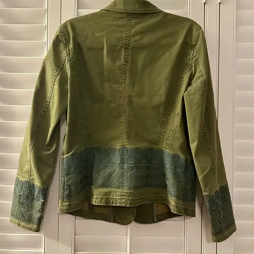 Indigo Palms Stretch Twill Olive Green Blazer with Embroidered Teal Details Sz M Size M