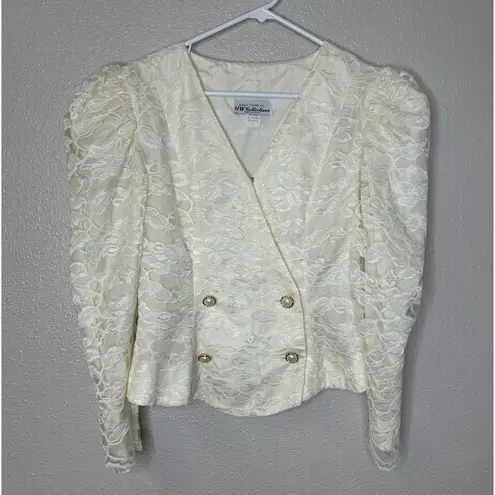 Vintage HW Collections Lace Puff Shoulder Blazer With Faux Pearl Gold Buttons Size 10