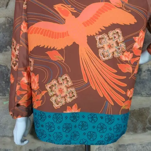 Sag Harbor Oriental Phoenix Print Blouse Orange Brown Turquoise Woman's Small