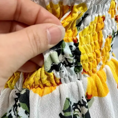 Angashion White and Yellow Strapless Floral Print Smocked Mini Dress Size S Women’s