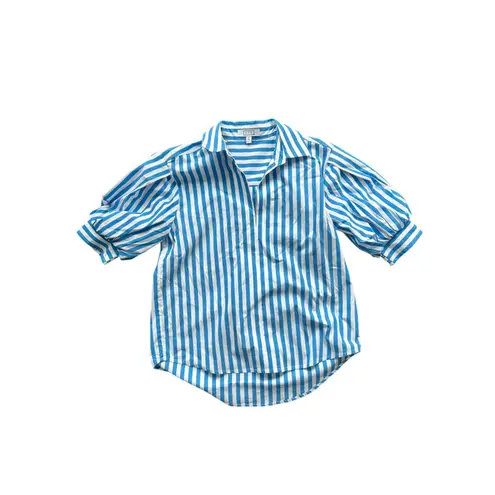 AYR Capeside Striped Puff Sleeve Popover Blouse Athens Blue Cotton Poplin XS