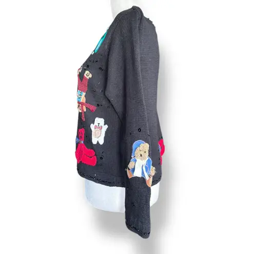 Vintage Susan Bristol Teddy Bear Applique Black Knit Cardigan Sweater Petite Size undefined