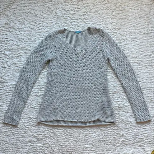 J. McLaughlin Crochet Open Knit Weave Sweater S Gray Metallic Mesh Beachy Mermaid