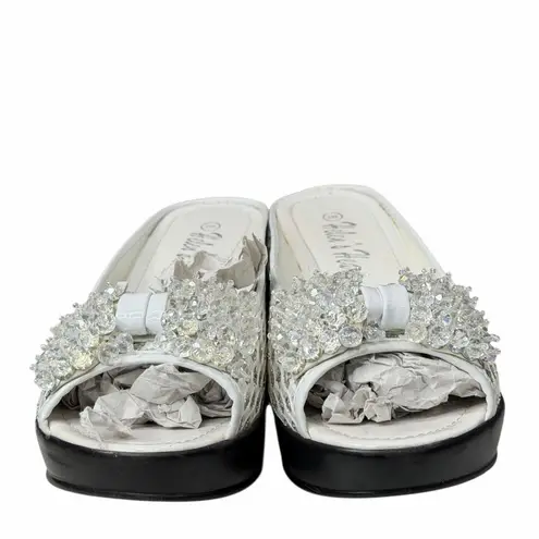 Helens Heart Wedge Sandal Womens 8 White Open Toe Sparkle Bling Crystal Bow Glam