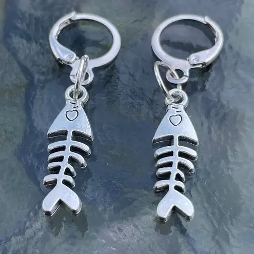 Handmade Silver Y2k Fish Bone Hoop Earrings , Punk Goth Boho Silver