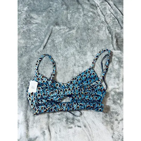 Missguided NWOT SZ 0 Swim Top Adjustable Blue Geometric Print Double Back Strap