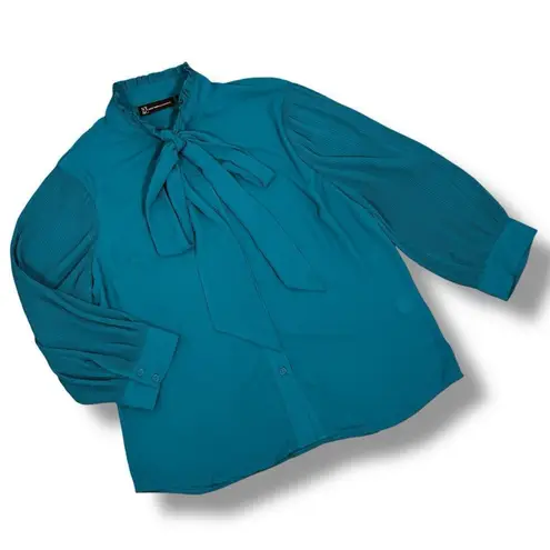 New‎ York & Company Pleated Puff Sleeve Pussybow Tie Neck Blouse Teal Medium Blue