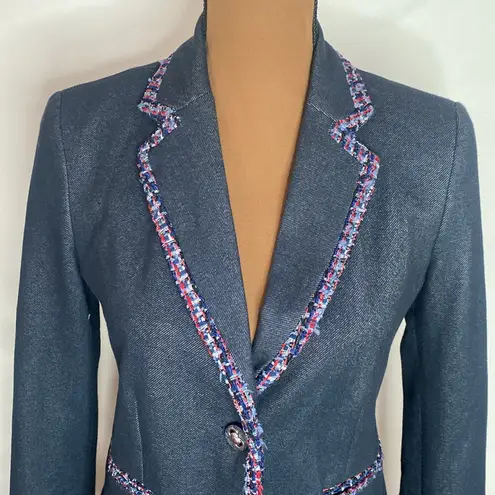 7th Avenue New York & Co denim like tweed ribbon trimmed tailored blazer size S Blue