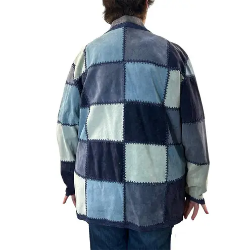 Denim & Co Vintage Blue Suede Patchwork Crochet Jacket by Geometric Pattern