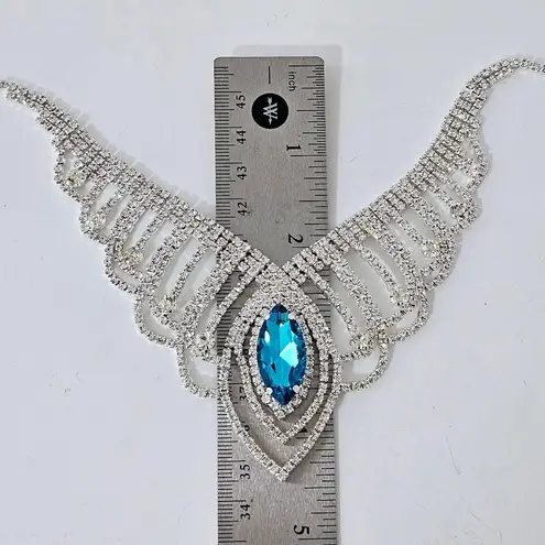 Blue Topaz Crystal Bridal Prom Necklace Set Silver