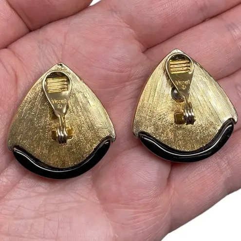 Monet Vintage Signed Gold Tone Black Acrylic Clip On Earrings Statement Classic