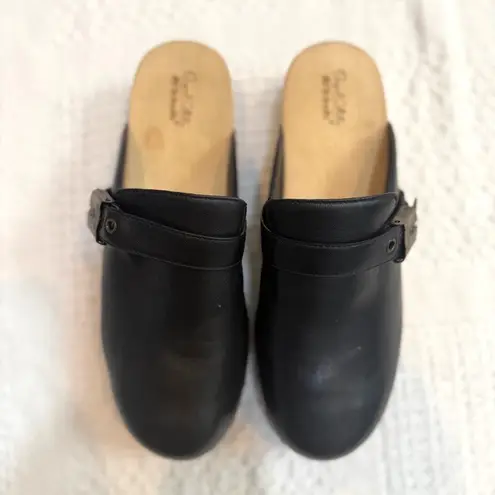 Dr. Scholl's 7 leather wooden platform slip on studded mule clogs 2941 Black