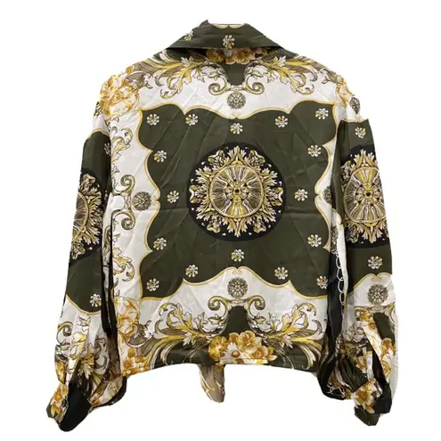 Soho NYC Green/Gold Scarf Print Front Tie Blouse S