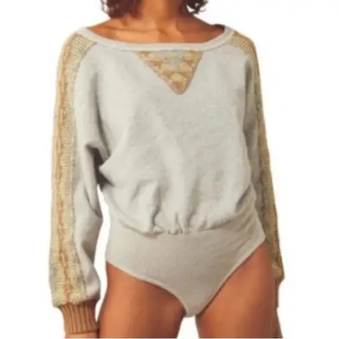 Free People Side Eye Sweatshirt chunky Knit Bodysuit Greybrown Fall Boho Sweater Gray Size M