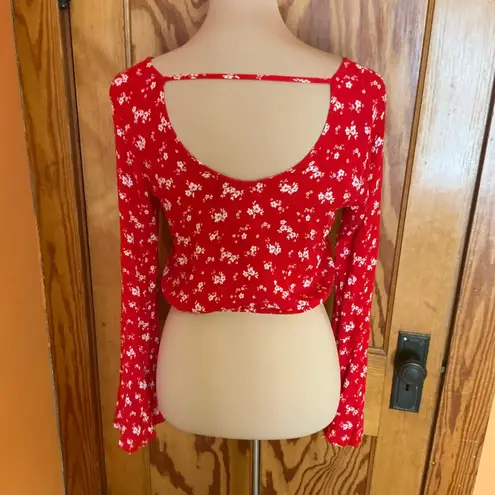 Full Tilt Red floral bell sleeve hippie crop top