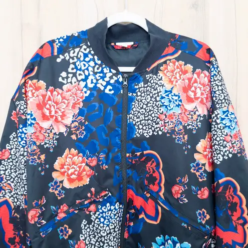 Body & Sol Womens Floral Bomber Jacket Size XL Multicolor Boho Maximalist Artsy Black