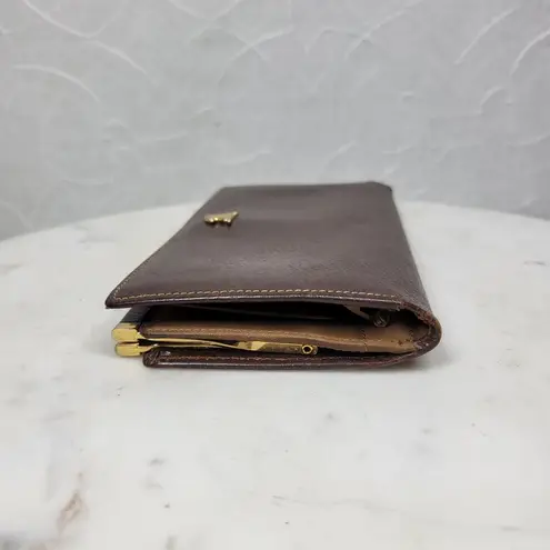 Vintage Mark Cross Checkbook Wallet 7" Brown Kiss Lock Bifold Soft Leather Italy