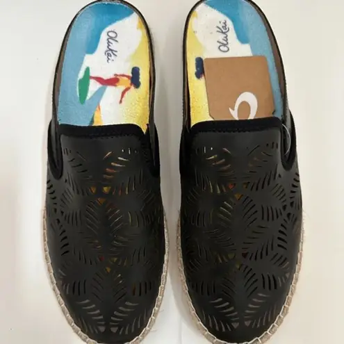 Olukai NEW  Black Kaula 'Olu' Ili Laser Perforated Slip On‎ Espadrille Mules 9.5