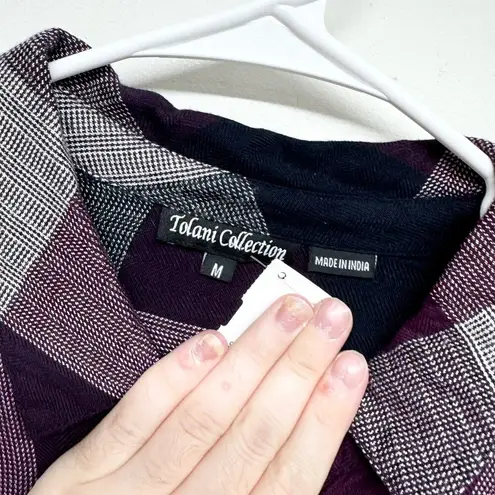 Tolani Collection Women Purple Plaid Button Down Tunic W/ Print Back Medium