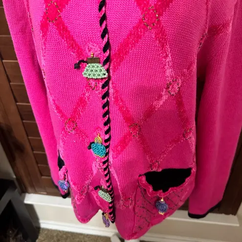 Jack B Quick Hot Pink Argyle Cardigan Sweater Beaded Purse Buttons Fun Artsy Size L