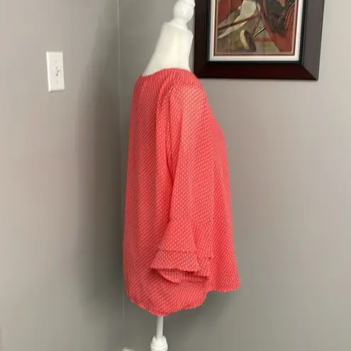 Valerie Stevens Coral Pink Polka Dot Top Long sleeve Ruffle Size Large