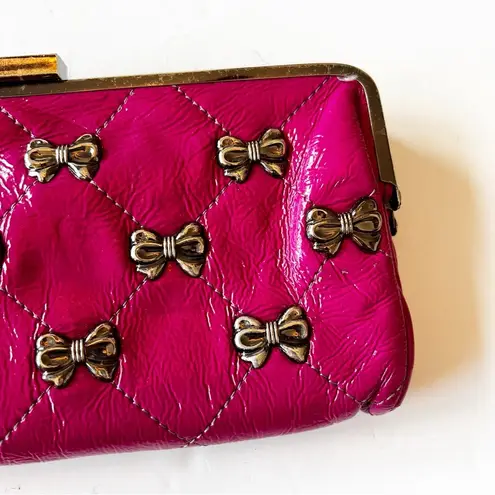 Betsey Johnson Betsey Johnston Hot Pink Quilted Leather Large Clutch Wallet Metal Pewter Bows