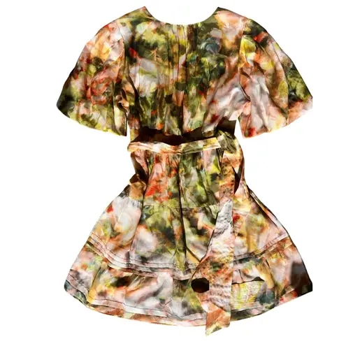 Marie Oliver Callie Belted Silk Cotton Mini Dress Garden Party Yellow Size 8