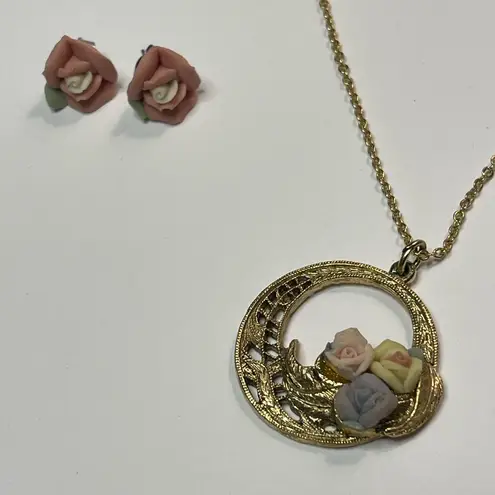 Pink Porcelain Rose Pendant Necklace gold chain 2 sets of Earrings yellow purple