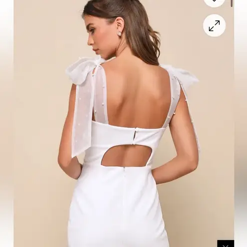 Lulu's White Sheath Mini Dress Square Neck Sheer Pearl Studded Bow Straps