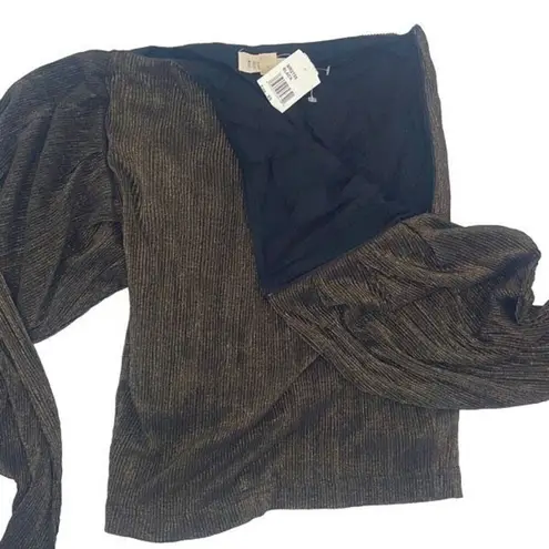 Moon River NWT Moon River Womens Metallic Ribbed Boat Neck Puffy Sleeve Top Black Gold XS