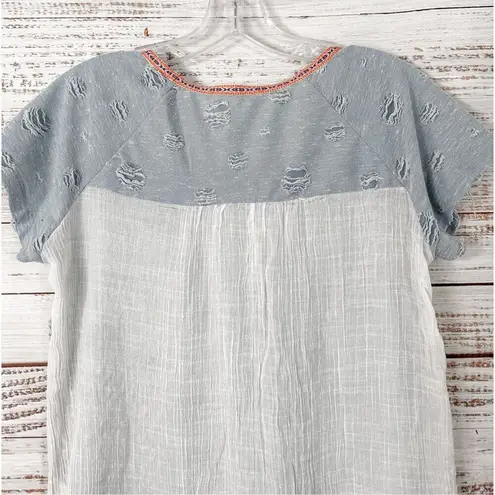 Hem & Thread Women's Distressed Color Block Short Sleeve Shirt Blue White Small