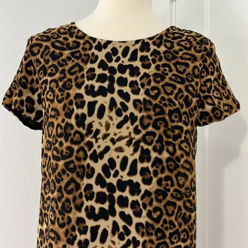 Line and Dot Small Brown and Black Leopard Animal Print Short Sleeve Shift Dress