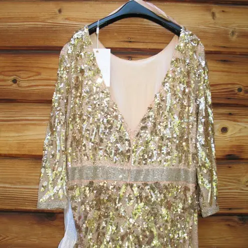 Mac Duggal Womens Plus Size Beaded Sequin 3/4 Sleeve Gown Rose Gold 4857