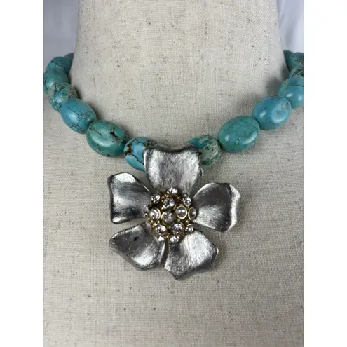 Codi Silver Turquoise Rhinestone Large Pendant Western Toggle Necklace Chunky Blue