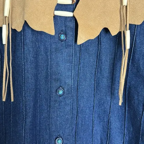 Vtg wanted Boho Western Fringe denim shirt button up with tassle size small cute Blue - Image 7