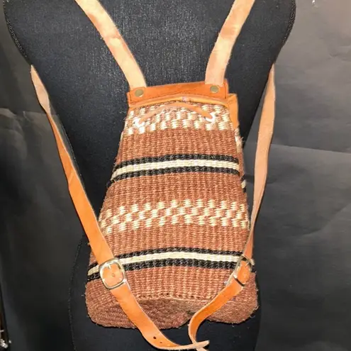 Brown Leather and Woven Backpack with African Theme Elephant Design Tan