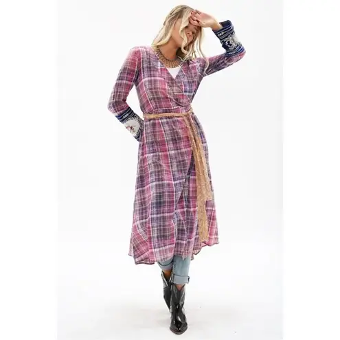 Aratta Silent Journey Boho Plaid Purple Pink Wrap Dress Size XS