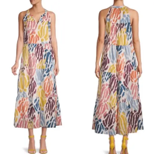 T Tahari M Multicolor Sleeveless Maxi Dress Abstract Tiered Halter