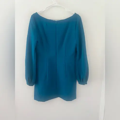 Milly  Teal Long Sleeve Split Neck Mini Dress Puff Sleeve Cocktail Party Size 8