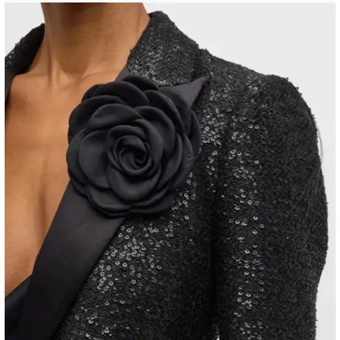 L'Agence Scarlet Black Sequin Cropped Blazer with Rose Pin Size 6