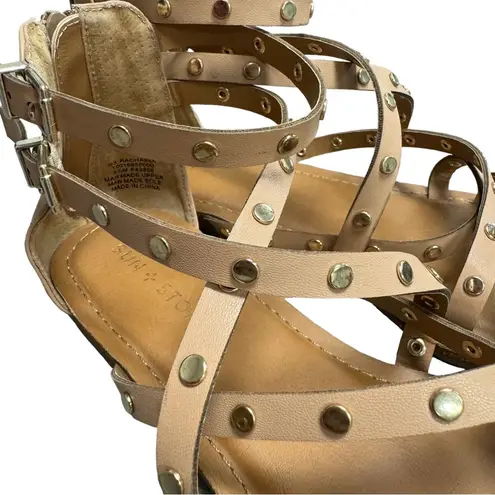 Sun + Stone Rachaell Studded Gladiator Tan Faux Leather Flat Sandals Size 8.5