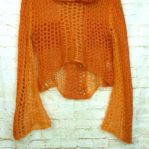 Open Knit Crochet Crop Sweater Womens 4US Orange Cowl Neck Italy Mohair Y2K Rave Size 4