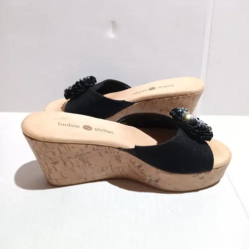 Lindsay Phillips Black Devon Wedge Sandals-Size 7-Interchangeable Clips-Lalita
