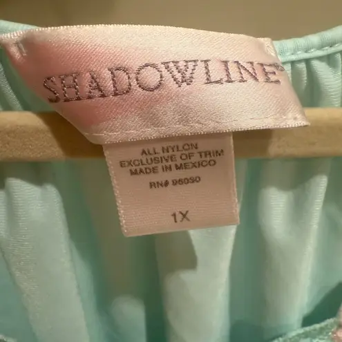Shadowline 1X Aqua Blue Nylon Nightgown Sleeveless Roses Trim Sleepwear