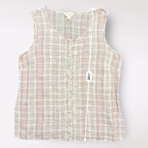 April Cornell Linen Tank L Pink White Plaid Sleeveless Boho Cottagecore Size L