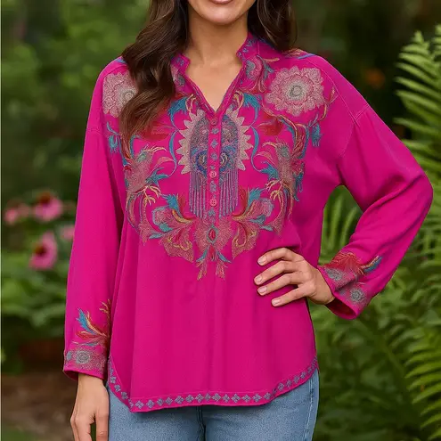 Johnny Was Biya Atterholt extremely heavily embroidered button-down blouse RARE