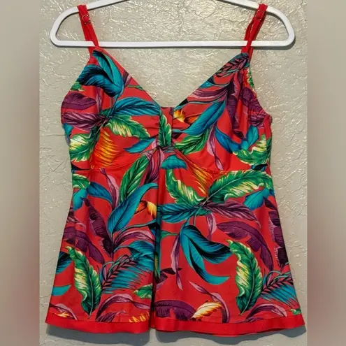 Caribbean Joe Womens Standard Babydoll Tankini Top Size 14 Tropical Print Coral