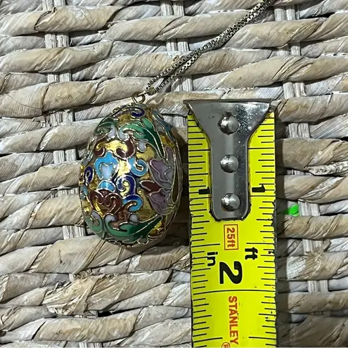 GOLD FLLD CHINESE CLOISONNÉ ENAMEL EGG FLWR PENDANT 925 CHAIN NECKLACE Italy VTG