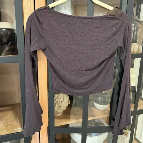 Vintage Y2K 90s Top cropped beaded coins bell long sleeves scoop neck tassels Brown