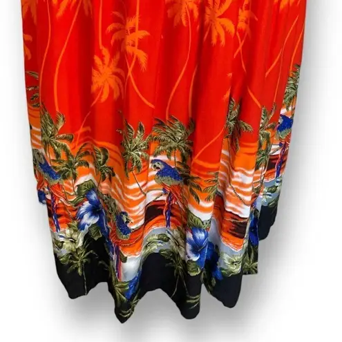 Vintage Maxi Dress Hawaiian Print Red Orange Smocked Top Tropical Macaw Medium Red